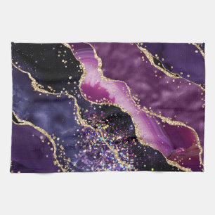 Purple, Pink and Gold Glitter Agate Pattern Tea Towel