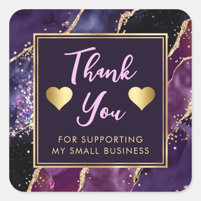 Purple, Pink and Gold Glitter Agate Small Business Square Sticker (Front)
