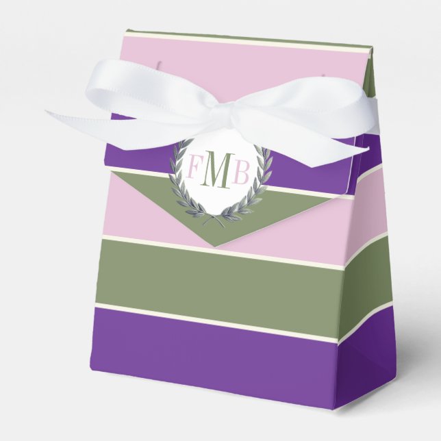 Purple pink and green stripes and initials wedding favour box (Front Side)