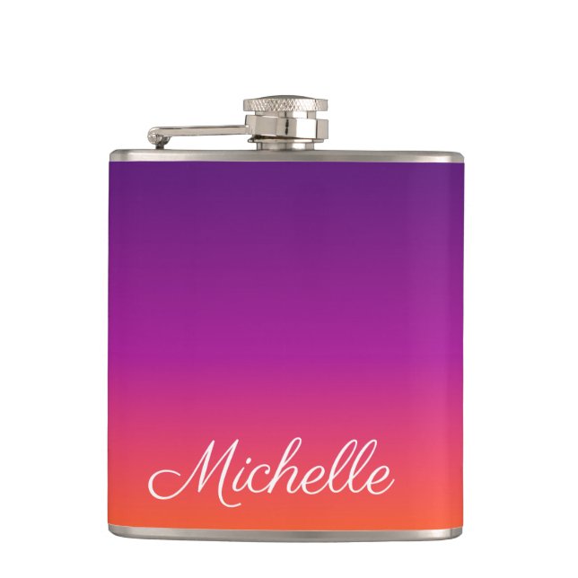 Purple, pink and orange gradient ombre hip flask (Front)
