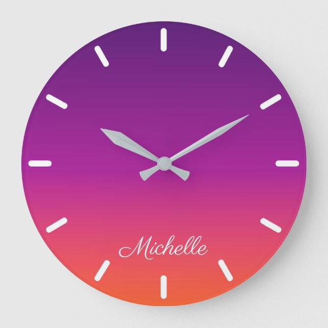 Purple, pink and orange gradient ombre large clock (Front)