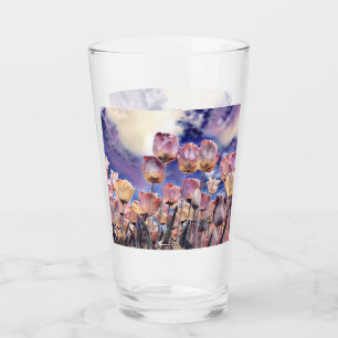 Purple, pink, and orange tulips glass