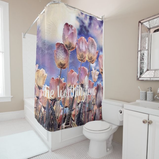 Purple pink and orange tulips shower curtain (In Situ)