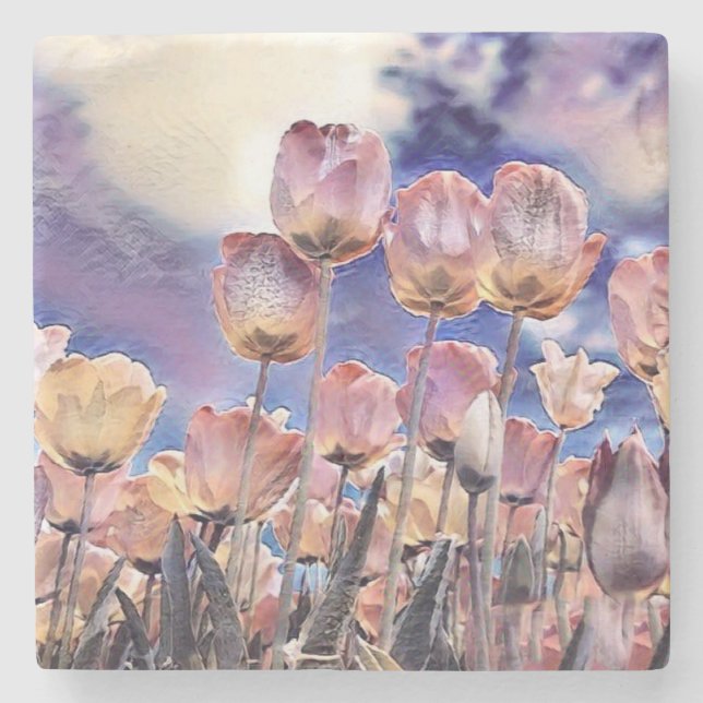 Purple, pink, and orange tulips stone coaster (Front)