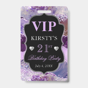 Purple, Pink and Silver Glitter Agate Birthday VIP ID Badge