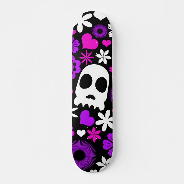 Purple, Pink and White Skull and Floral Pattern Skateboard (Front)
