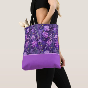 Purple Pink and Yellow Daisy Floral, Color Block Tote Bag