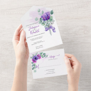 Purple & Pink Anemones Watercolor Floral Wedding A All In One Invitation