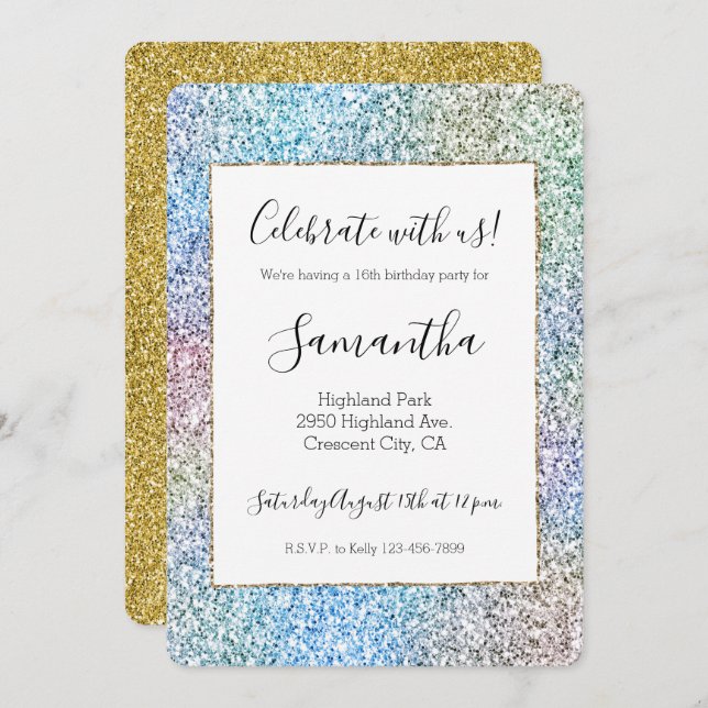 Purple Pink Aqua Blue Gold Unicorn Glitter    Invitation (Front/Back)
