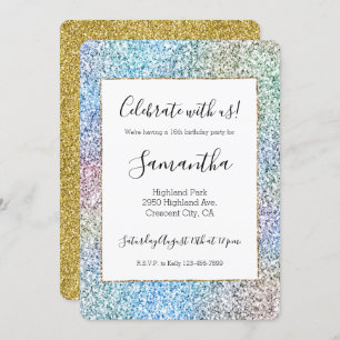 Purple Pink Aqua Blue Gold Unicorn Glitter    Invitation