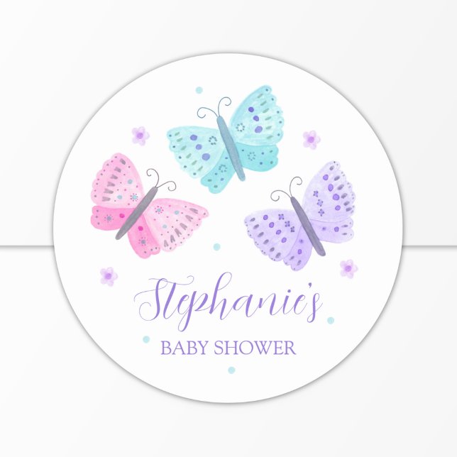 Purple Pink Aqua Butterflies Baby Shower Classic Round Sticker (Creator Uploaded)