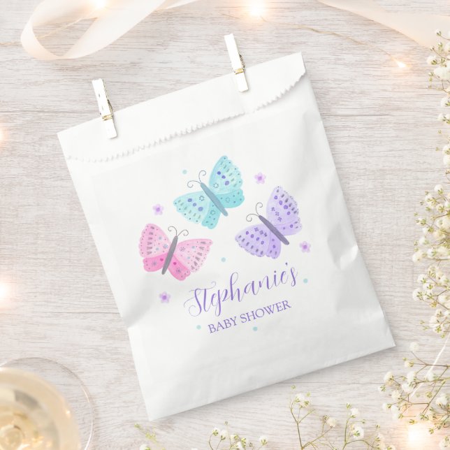 Purple Pink Aqua Butterflies Baby Shower Favour Bag (Clipped)