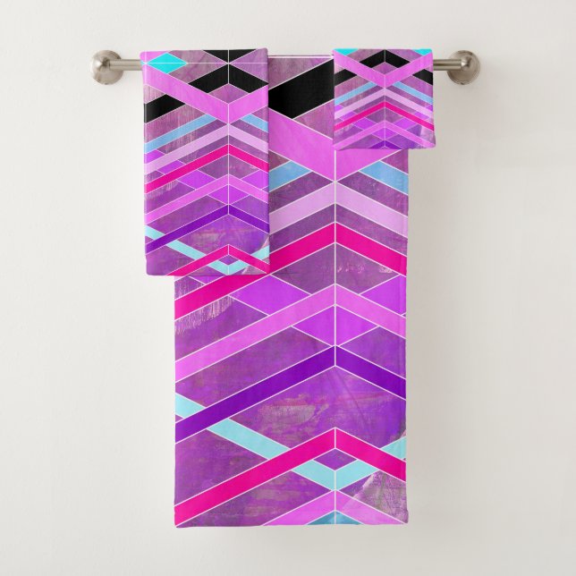 Purple Pink & Aqua Geometric Crossing Stripes Bath Towel Set (Insitu)