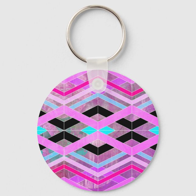 Purple Pink & Aqua Geometric Crossing Stripes Key Ring (Front)
