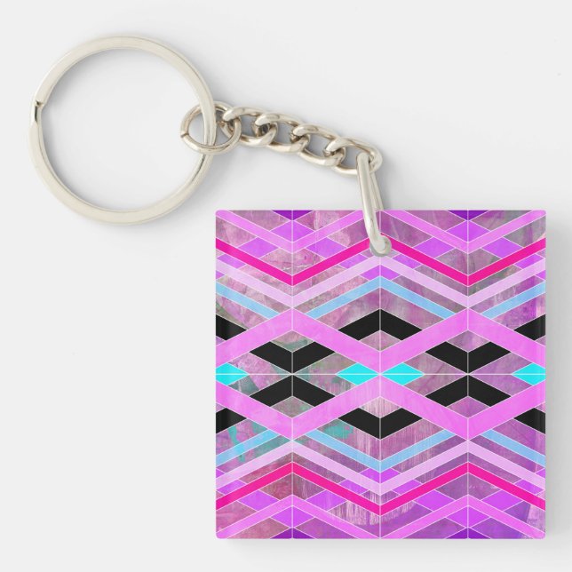 Purple Pink & Aqua Geometric Crossing Stripes Key Ring (Front)