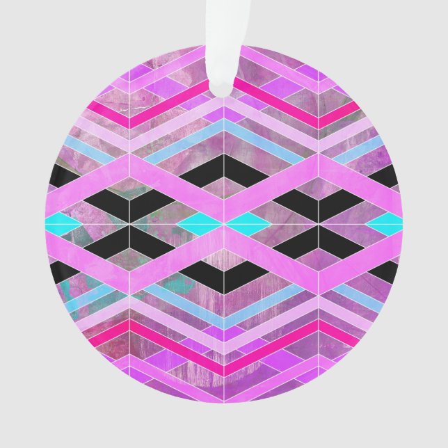 Purple Pink & Aqua Geometric Crossing Stripes Ornament (Front)