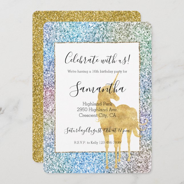 Purple Pink Aqua Gold Unicorn Glitter      Invitation (Front/Back)