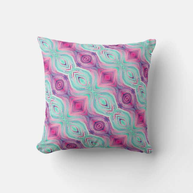 Purple Pink Aqua Pattern Reversible Boho Cushion (Front)