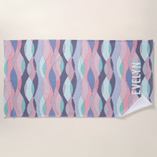 Purple Pink Aqua Wavy Personalised Name Beach Towel