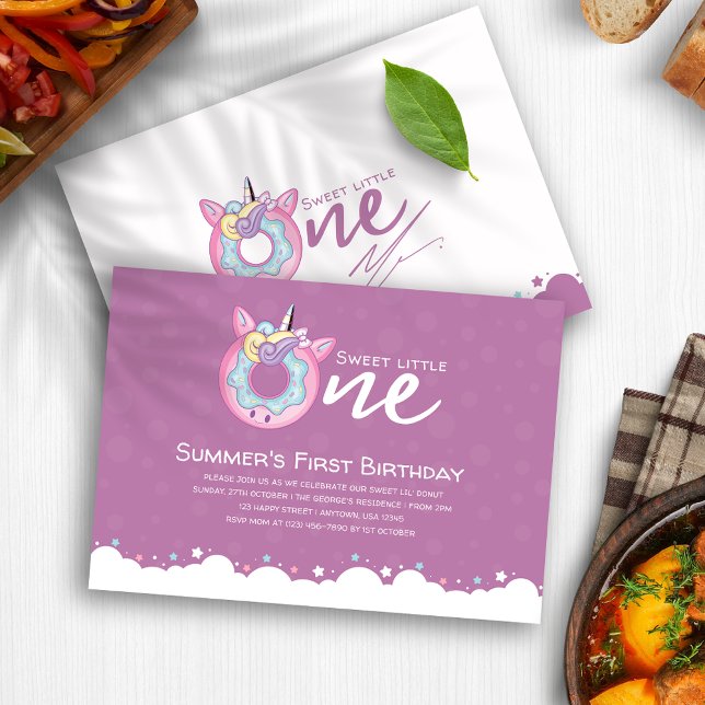 Purple Pink Baby Girl Sweet One 1st Birthday Dough Invitation (Purple Pink Baby Girl Sweet One 1st Birthday Donut Invitation)