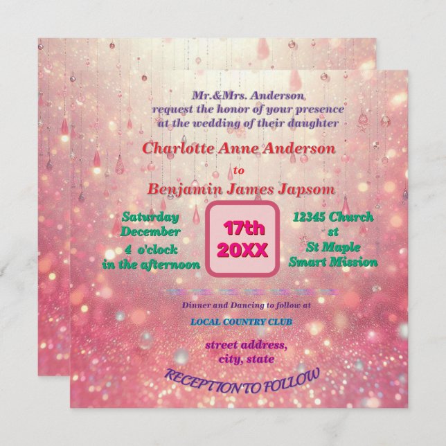 Purple Pink Bead Curtain Faux Glitter floral Invitation (Front/Back)