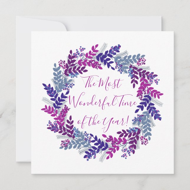 Purple Pink Berry Wonderful Time Christmas Wreath Holiday Card (Front)