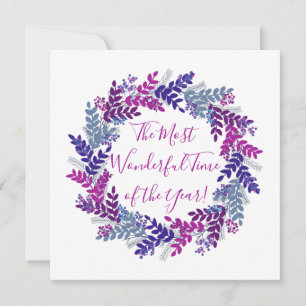 Purple Pink Berry Wonderful Time Christmas Wreath Holiday Card