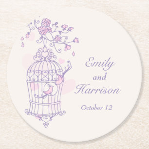 Purple & pink birds open cage wedding coasters