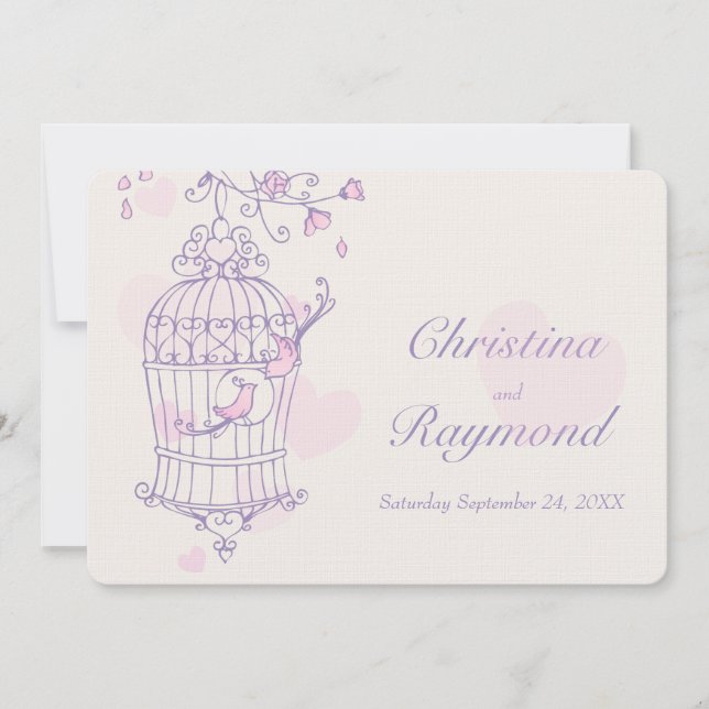 Purple pink birds open cage wedding invitation (Front)