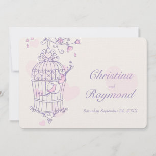Purple pink birds open cage wedding invitation