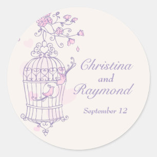 Purple & pink birds open cage wedding sticker