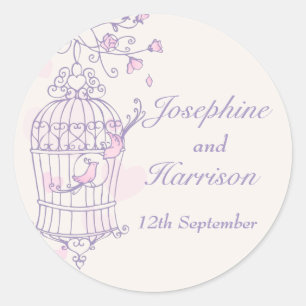 Purple & pink birds open cage wedding sticker
