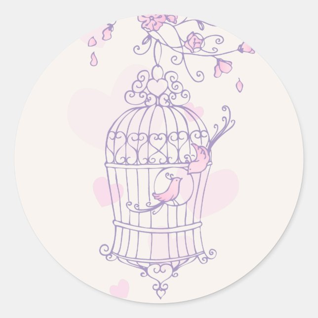 Purple & pink birds open cage wedding sticker (Front)