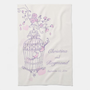Purple pink birds wedding keepsake kitchen towel