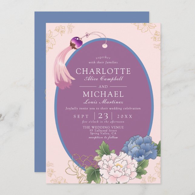 Purple Pink Blue Chinoiserie Peony Tassel Wedding  Invitation (Front/Back)