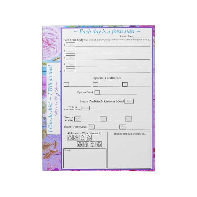 Purple, Pink, Blue, Floral 5 plus 1 Meal Tracker  Notepad (Rotated)