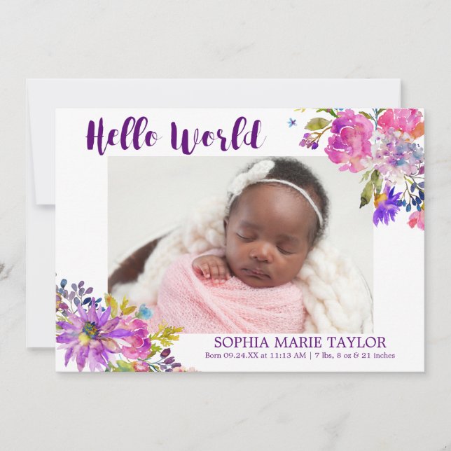 Purple Pink & Blue Flower Photo Birth Announcement (Front)