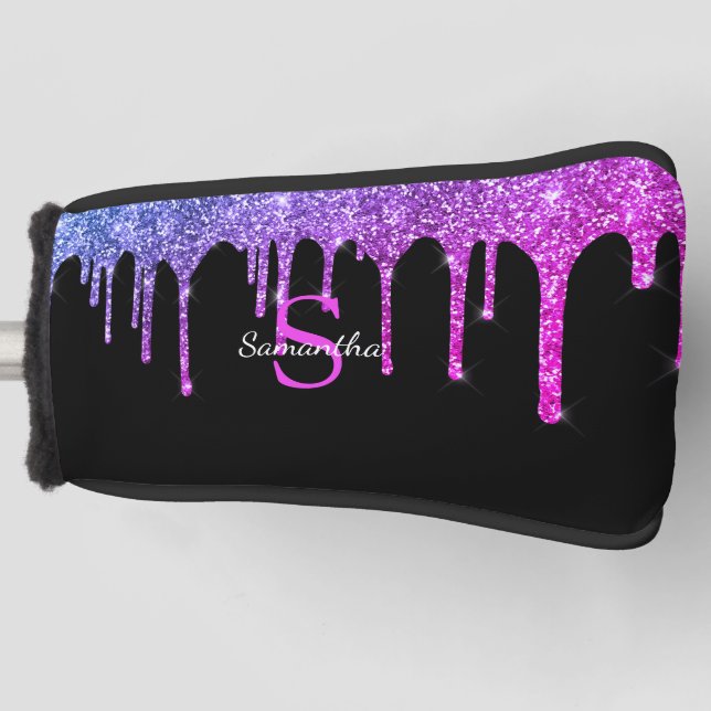 Purple Pink Blue Glitter Drips Monogram Name Golf Head Cover (Front)