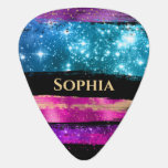 Purple Pink Blue Glitter Stars Brush Strokes, Name Guitar Pick<br><div class="desc">Purple,  Gold,  Pink and Blue Glitter and Stars Brush Strokes with gold Name on black background.</div>