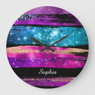 Purple Pink Blue Glitter Stars Brush Strokes Name Large Clock