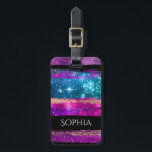 Purple Pink Blue Glitter Stars Brush Strokes Name Luggage Tag<br><div class="desc">Trendy Purple,  Gold,  Pink and Blue Glitter and Stars Brush Strokes on a black background. Add your Name,  message and contact info in white text. Makes a great gift for her. Version 2.</div>