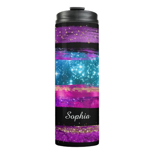 Purple Pink Blue Glitter Stars Brush Strokes Name Thermal Tumbler (Front)