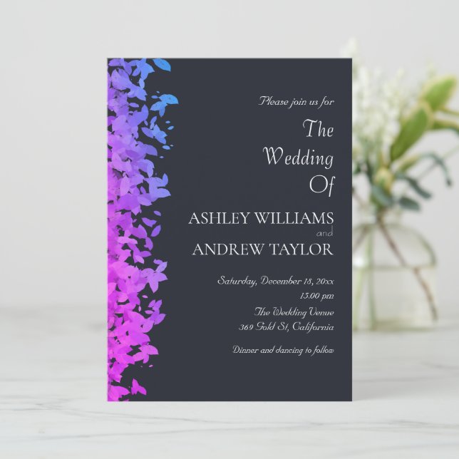 Purple Pink Blue Leaf Elegant Dark Navy Wedding Invitation (Standing Front)