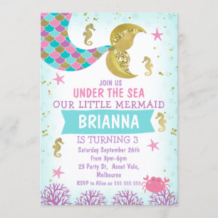 Purple Pink Blue Mermaid Tail Birthday Invitation