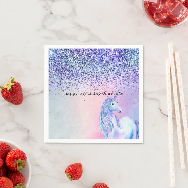 Purple Pink Blue Ombre Glitter Unicorn Napkin (Insitu)