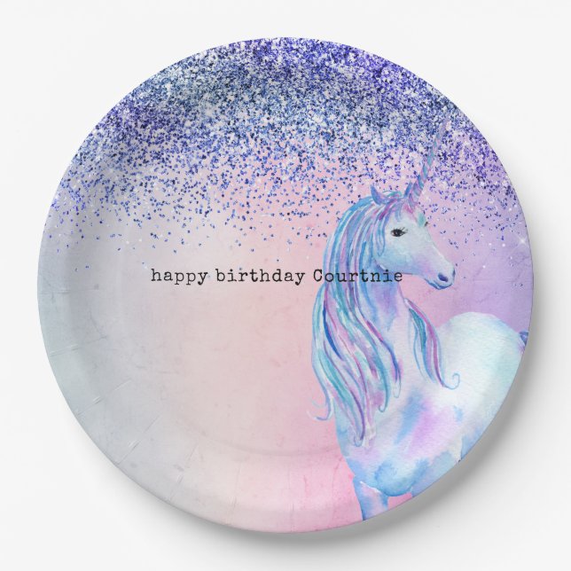 Purple Pink Blue Ombre Glitter Unicorn Paper Plate (Front)