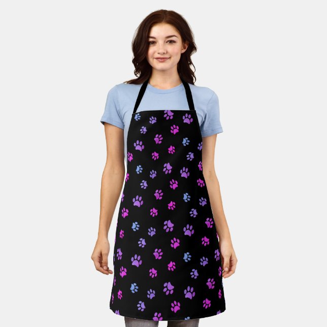 Purple Pink Blue Paw Prints Pattern Black Apron (Worn)