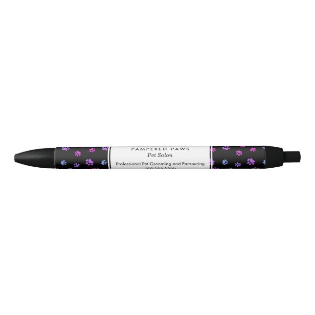 Purple Pink Blue Paw Prints Professional Pet Salon Black Ink Pen (Front)
