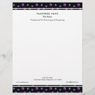 Purple Pink Blue Paw Prints Professional Pet Salon Custom Letterhead