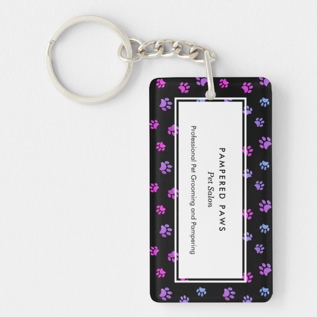 Purple Pink Blue Paw Prints Professional Pet Salon Key Ring (Front)